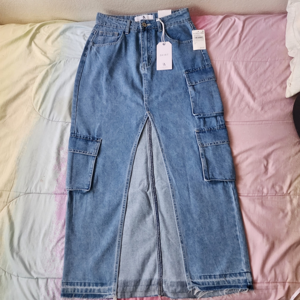 Denim Flying Angel Cargo Front Slit Design Skirt Size 5/27 - Picture 5 of 8
